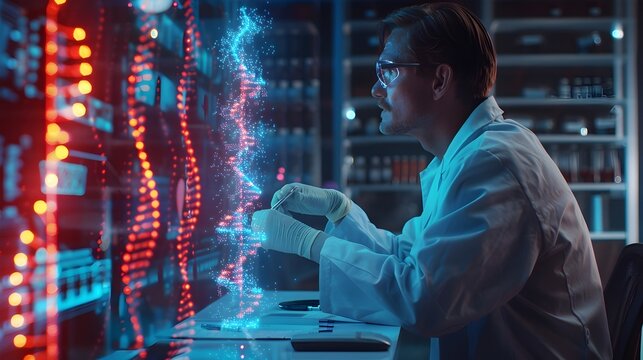 Futuristic Medical Lab Doctor Examines Holographic DNA Strand for Personalized Treatment Plan