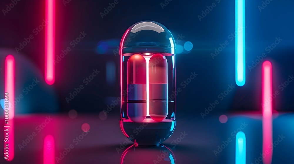 Poster futuristic pill dispenser creating custom personalized medication capsules on demand based on user h