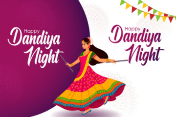 Couple performing dandiya and dancing garba sale and promotion advertisement background