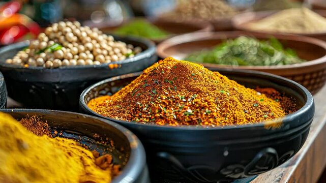A close-up view of a variety of spices in bowls at an outdoor market