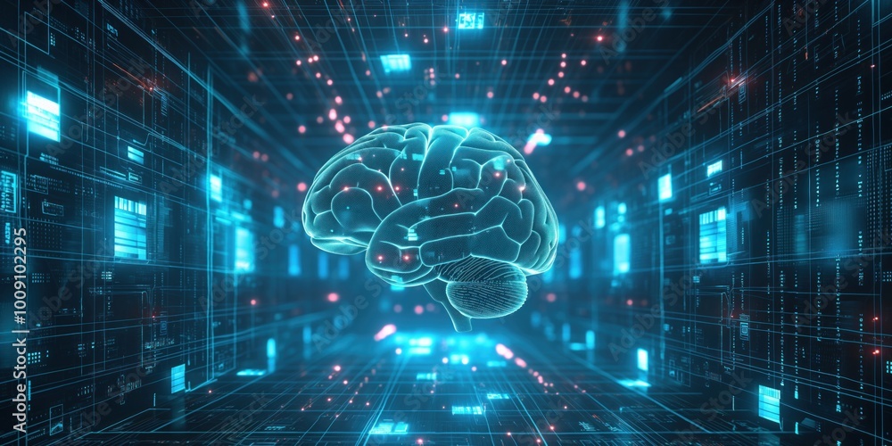Poster digital human brain in virtual world of data, tech. electronic illustration of brain in futuristic c