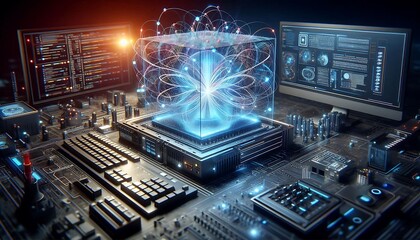 Quantum computer generating complex solutions in a modern tech lab environment,generative ai