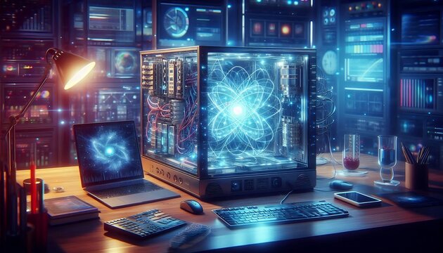 Quantum computer generating complex solutions in a modern tech lab environment,generative ai