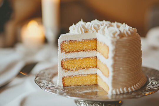 Slice of Wedding Cake with White Icing and Yellow Filling
