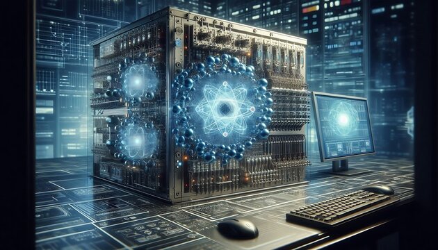 Quantum computer generating complex solutions in a modern tech lab environment,generative ai