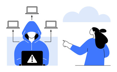 Person in a hooded jacket with laptop and warning sign connected to multiple laptops. Woman pointing towards cloud. Ideal for cybersecurity, hacking, digital threats, internet security, online