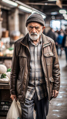 Obraz premium Elderly man walking in market with bag, dressed in warm jacket and hat