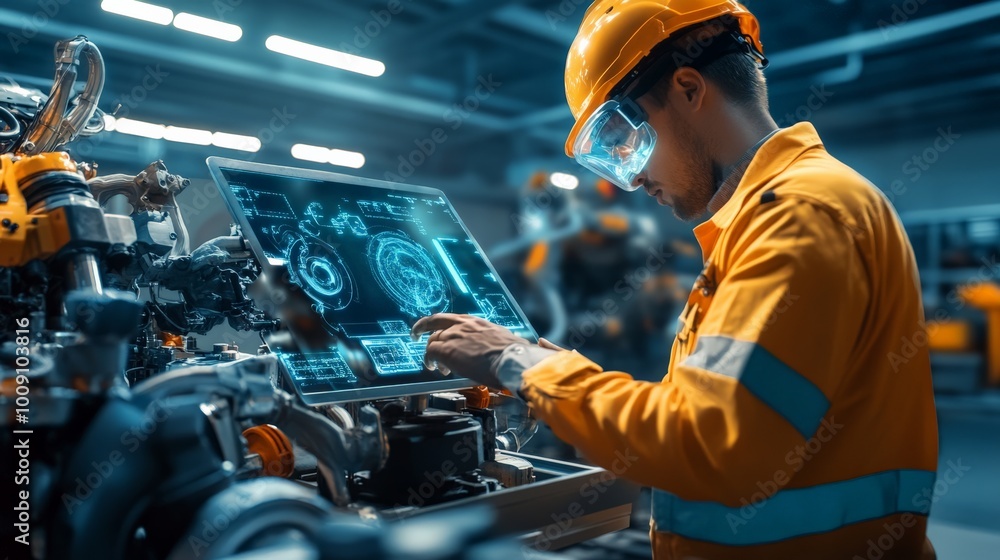 Poster engineer in safety gear using futuristic touchscreen interface in modern factory, focusing on advanc