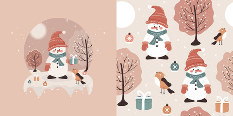 A snowman and birds in a fabulous winter forest with gifts and toys in the snow. Children's seamless drawing, vector background. Perfect for fabric, textiles, baby bedding, wallpaper and more.