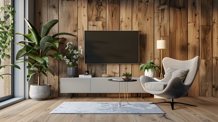 Stylish Interior Mockup: Cozy Living Room Featuring an Armchair and TV on a Sleek Cabinet
