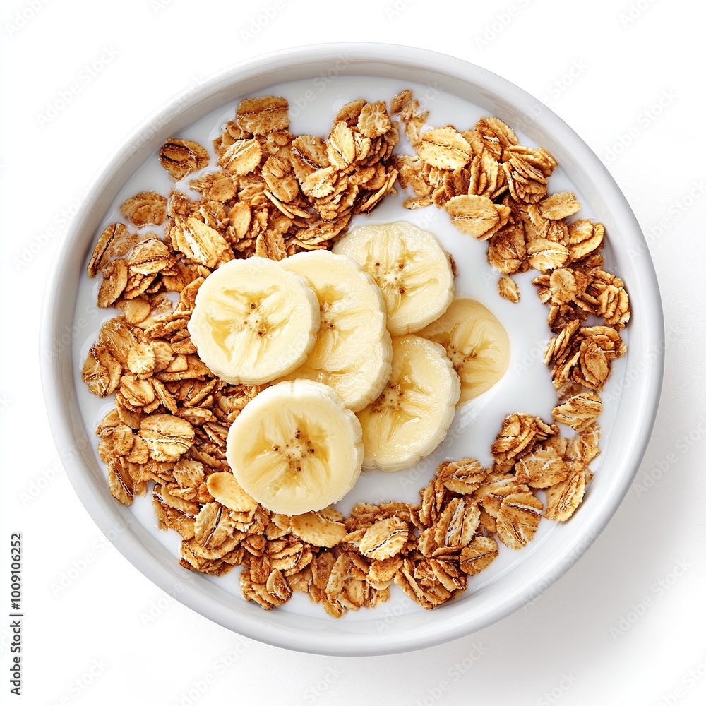 Sticker A bowl of yogurt topped with granola and banana slices, representing a healthy breakfast option.