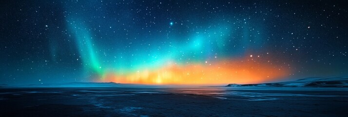 Fototapeta premium Aurora Borealis Dance, vibrant colors swirling in the night sky, stars twinkling above a softly blurred landscape, serene and magical atmosphere
