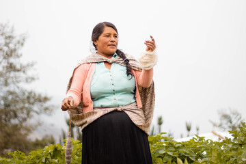 Mujer andina latinoamericana haciendo hilados de lana de oveja  en el aire libre, Cultura, estilo...