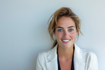 Fototapeta premium A young woman beams with confidence while leaning against a smooth light-colored wall.
