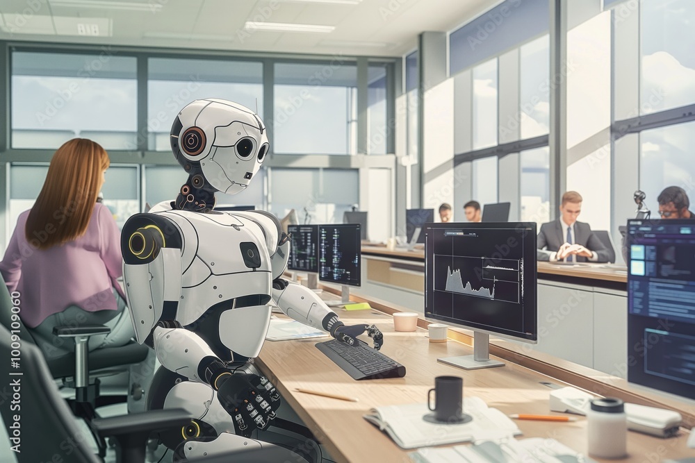 Aufkleber robot collaborates with humans in modern office environment. artificial intelligence technology inte