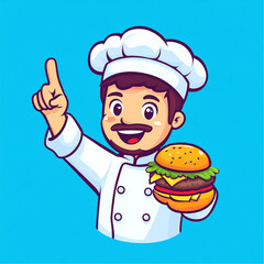 A cartoon chef holding a burger and pointing up, logo design on a blue background in a simple and flat style. 
