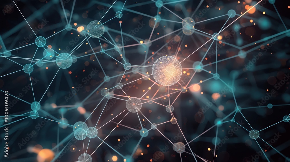 Poster illustration of neural networks with interconnected nodes, flowing information. generative concept f
