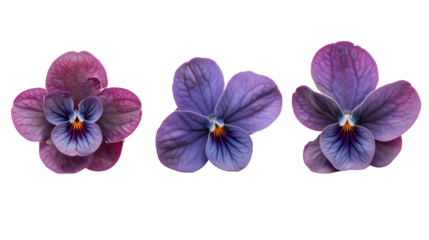set of purple african violet flowers isolated on transparent background
