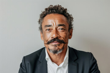 Fototapeta premium Middle-aged man with curly hair and a mustache is dressed in a black suit.