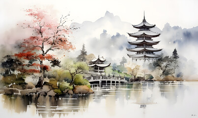 Obraz premium The motif of the painting includes landscape painting in the Japanese sumi-e style. Pagoda temples in rural landscape with forest with pond and mountain foggy landscape. Ink painting style.