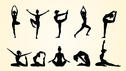 Silhouettes of women performing various yoga poses, demonstrating flexibility, balance, and mindfulness. The figures are shown in different postures like standing, seated, and stretching.