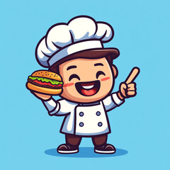 A cartoon chef holding a burger and pointing up, logo design on a blue background in a simple and flat style. 