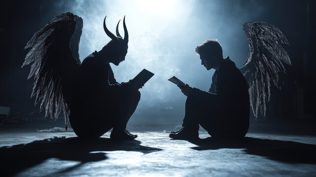 dark figure with horns and tail sits opposite person with wings, both reading intently in misty atmosphere. contrast between light and shadow creates dramatic scene