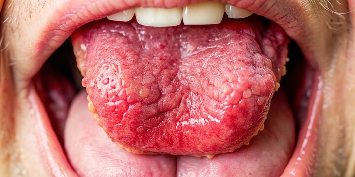 Close-up of Glossitis Symptoms on Tongue with Red Inflammation and Smooth Surface Texture