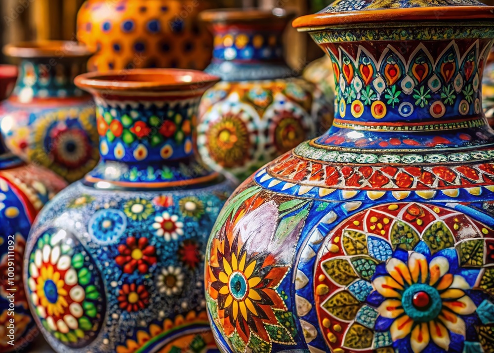 Aufkleber close-up of intricately designed pottery with vibrant colors and unique textures on display