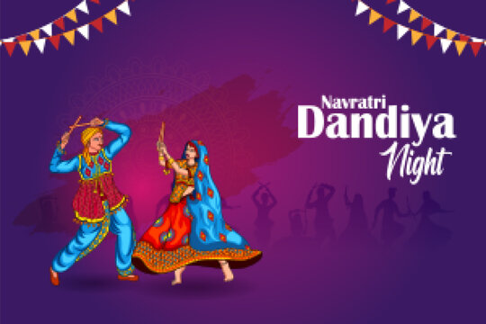 Couple performing dandiya and dancing garba sale and promotion advertisement background
