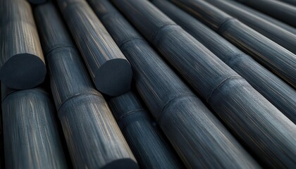 Closeup of bamboo charcoal briquettes stacked neatly, showcasing their smooth texture and deep black color