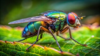 Naklejka premium Close-up of Sarcophagidae Fly on Green Leaf, Natural Habitat, Insect Macro Photography, Nature Beauty