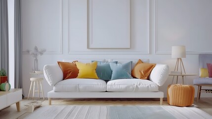 Cozy Living Room Interior Featuring Plush Pillows and a Stylish Sofa for Ultimate Comfort