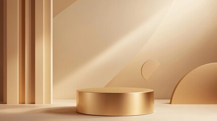 A 3D cylinder podium with a glossy gold finish, placed on a minimal abstract background with floating geometric shapes in earth tones, creating a sense of depth.