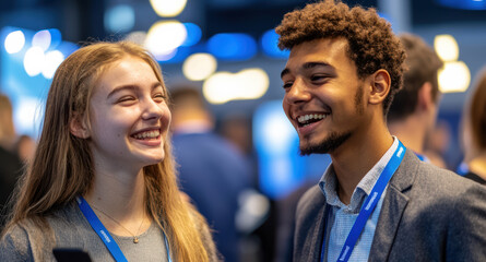 Fototapeta premium Young professionals engage at a vibrant financial exhibition, emphasizing networking, collaboration, and career growth, ideal for youth entrepreneurship campaigns.