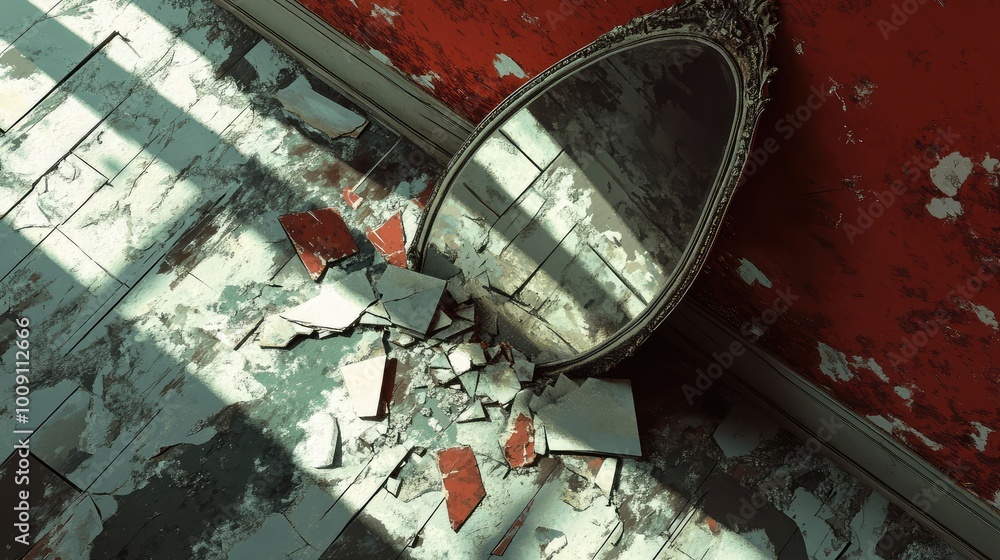 Poster a broken mirror lies on the floor, with its fragments reflecting multiple realities, creating a frac