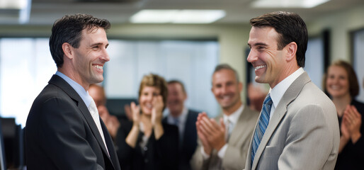 young businesspeople shake hands warmly, sealing a successful business deal during a networking event. The atmosphere is professional.