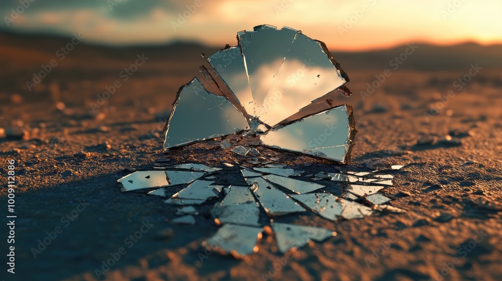 Poster a broken mirror on a barren surface, its scattered shards reflecting different dimensions, creating 
