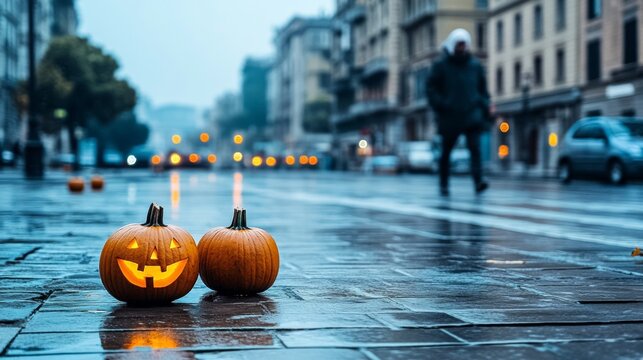 A spooky fog-covered street in an old town