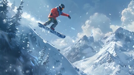 Dynamic Snowboarder Leaping from a Snow-Covered Hill: Thrilling Winter Sports Action in the Mountains