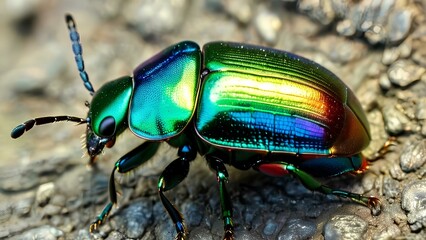 Fototapeta premium Detailed shot of a June bug with iridescent green and purple wings,