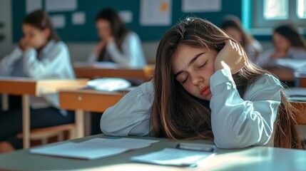 Caucasian bored schoolgirl sleepy at school elementary education study learning tired exhausted sad upset fatigued. schoolchild lying at table desk lesson class relax health problem