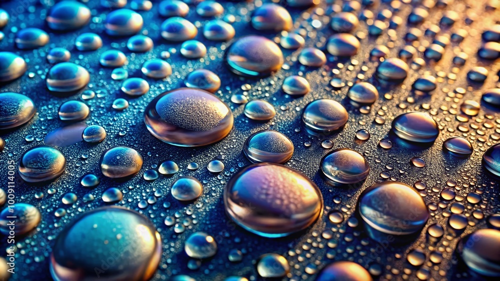 Poster close-up of water droplets creating an intricate texture on a smooth surface in natural light