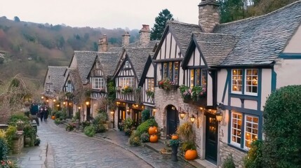 A spooky fog-covered village with pumpkins glowing in the windows of old cottages