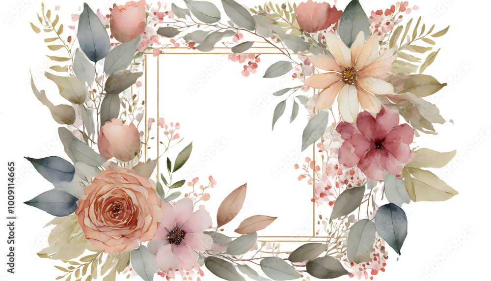 Wall mural Square Floral Frame With Watercolor Flowers Border And Outlined Leaves. Generative AI.