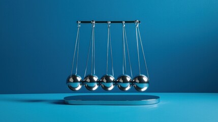 Wide-angle Newton's cradle with glossy metal balls on a blue background.