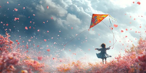Child delightfully flying a vibrant kite surrounded by pink blossoms under a soft hazy sky, capturing the essence of carefree joy.