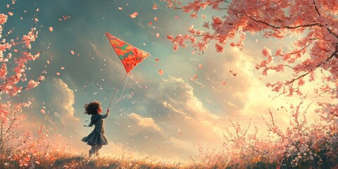 Obraz premium Child exuberantly flying a vibrant kite surrounded by pink blossoms under a dreamy hazy sky, capturing the essence of carefree joy