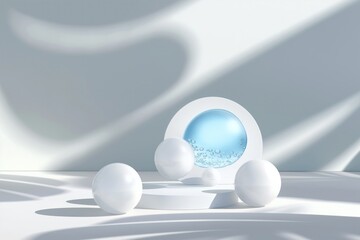 Studio backdrop with abstract geometric shapes, white round spheres, blue liquid droplets. Blank podium for display, mockup banner on three-dimensional background. Minimal, clean design with fluid