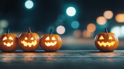 A spooky fog-covered village with pumpkins glowing in the windows of old cottages